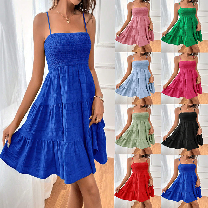 Robe plissée à bretelles et col carré pour femme, couleur unie, mode, robes de plage, vêtements pour femmes