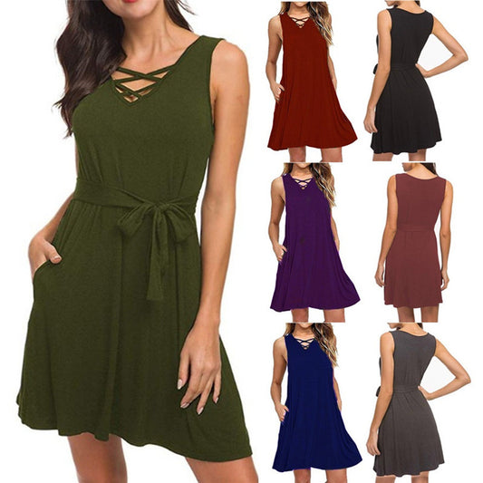 Akatonbo Sleeveless V-Neck Belt Dress Women