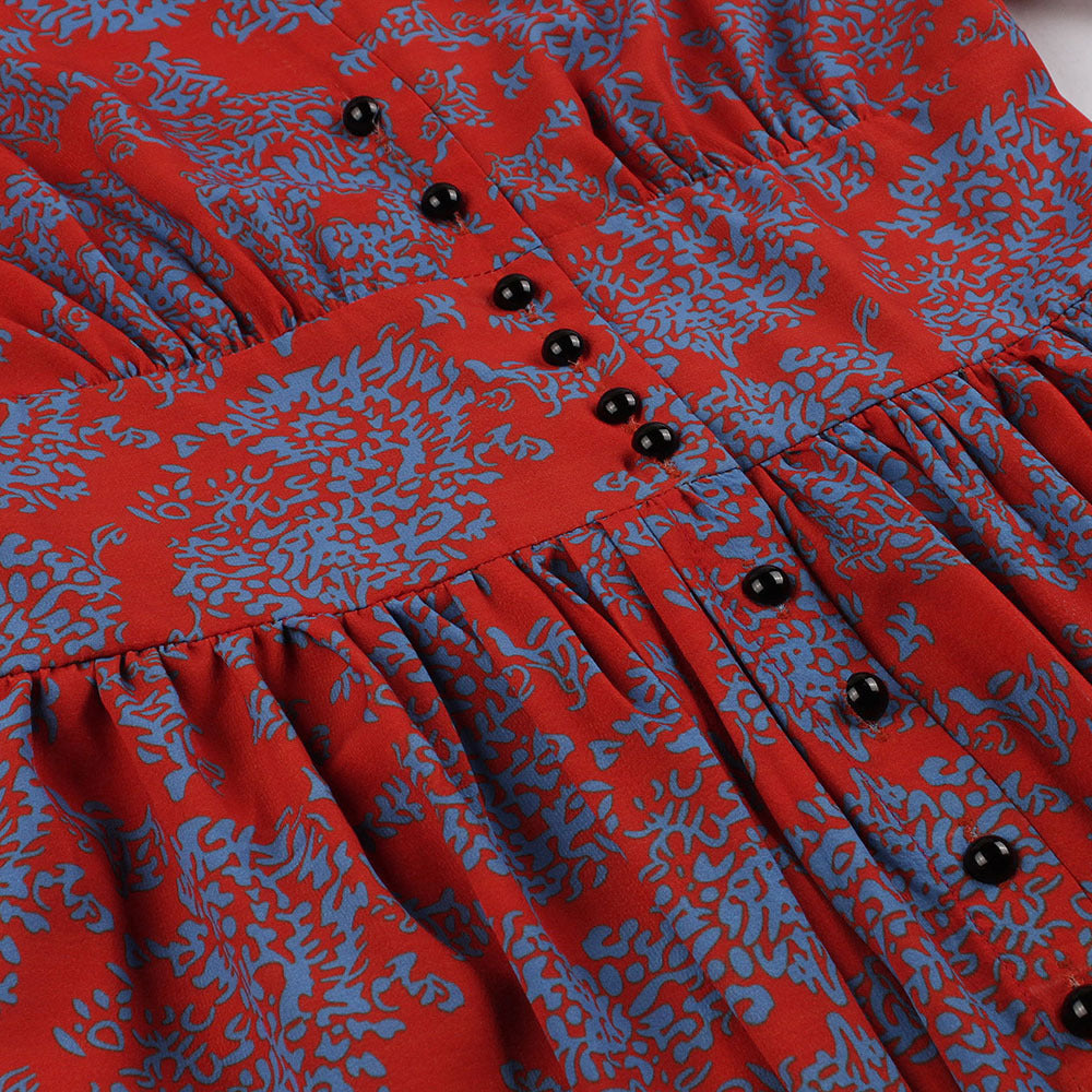 Elegant Floral A-Line Dress Office Ladies Lapel High Waist