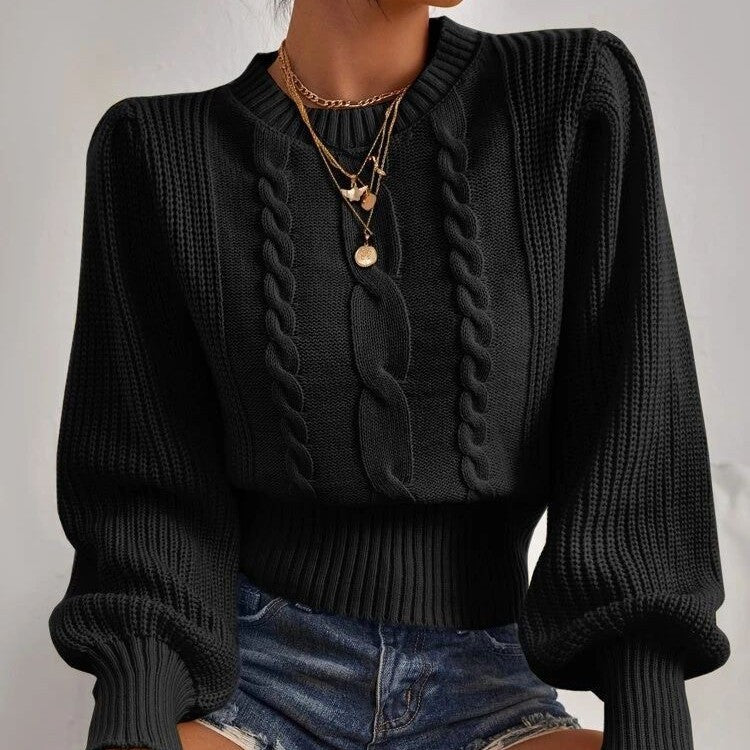 Akatonbo European And American Solid Color Knitwear Autumn Winter Japanese New Round Neck Pullover Lantern Sleeve Cable-Knit Sweater