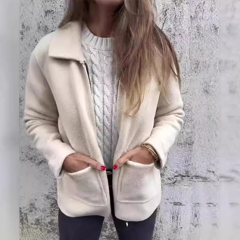 Veste à revers zippée avec poches, couleur unie tendance, manteau d'automne-hiver pour femme