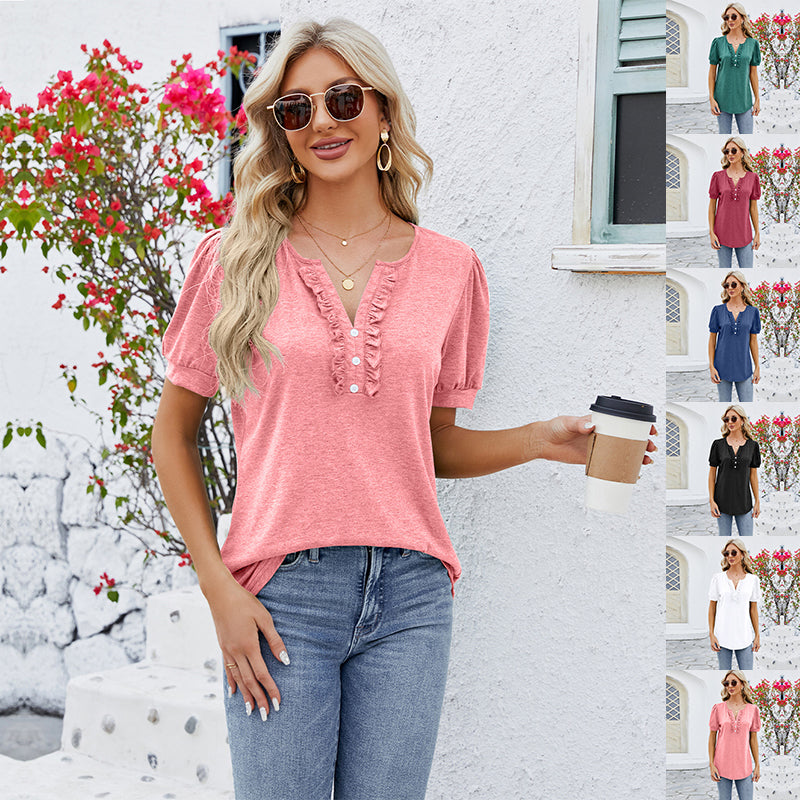 Haut boutonné unicolore à col en V T-shirt femme à manches courtes Mode été Vêtements pour femmes