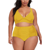 Plus Size V-neck high waist pleated swimwear two piece set