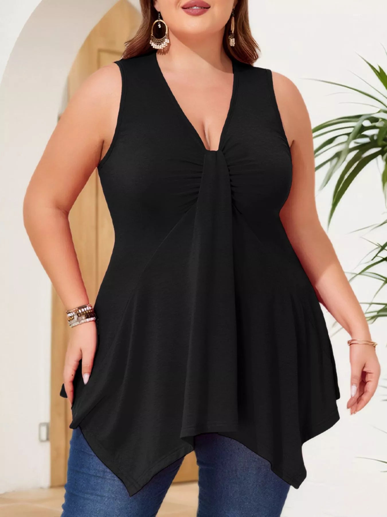 Shop Plus Size V-Neck Ruched Flowy Tank - Women's Fashion | Akatonbo