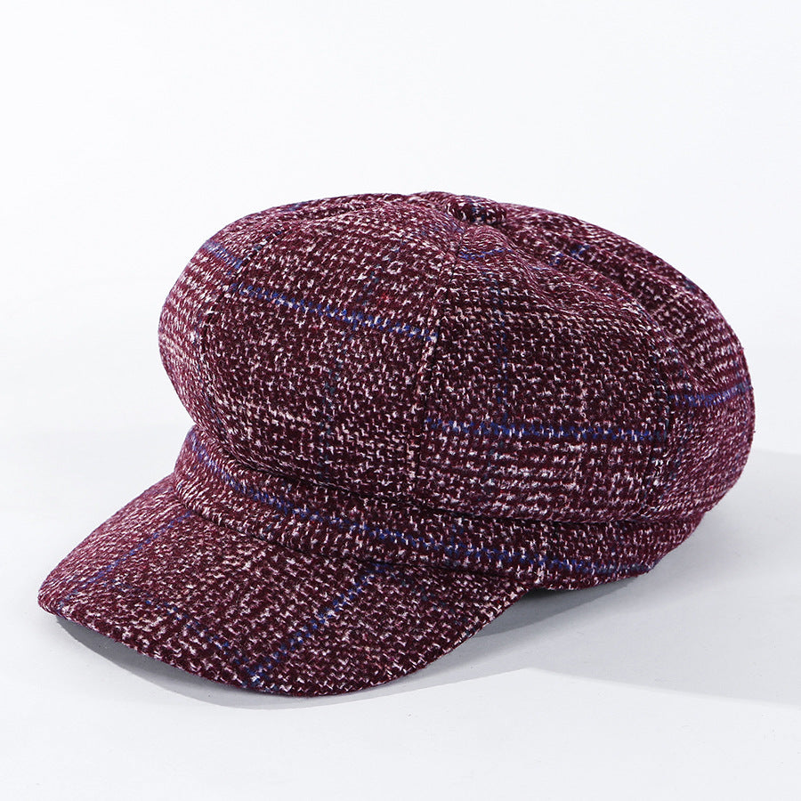 Thickened Plaid Woolen Octagonal Cap Women