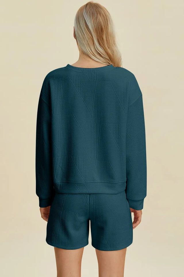 Double Take Full Size Texture Round Neck Long Sleeve Top And Shorts Set
