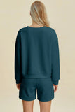 Double Take Full Size Texture Round Neck Long Sleeve Top And Shorts Set