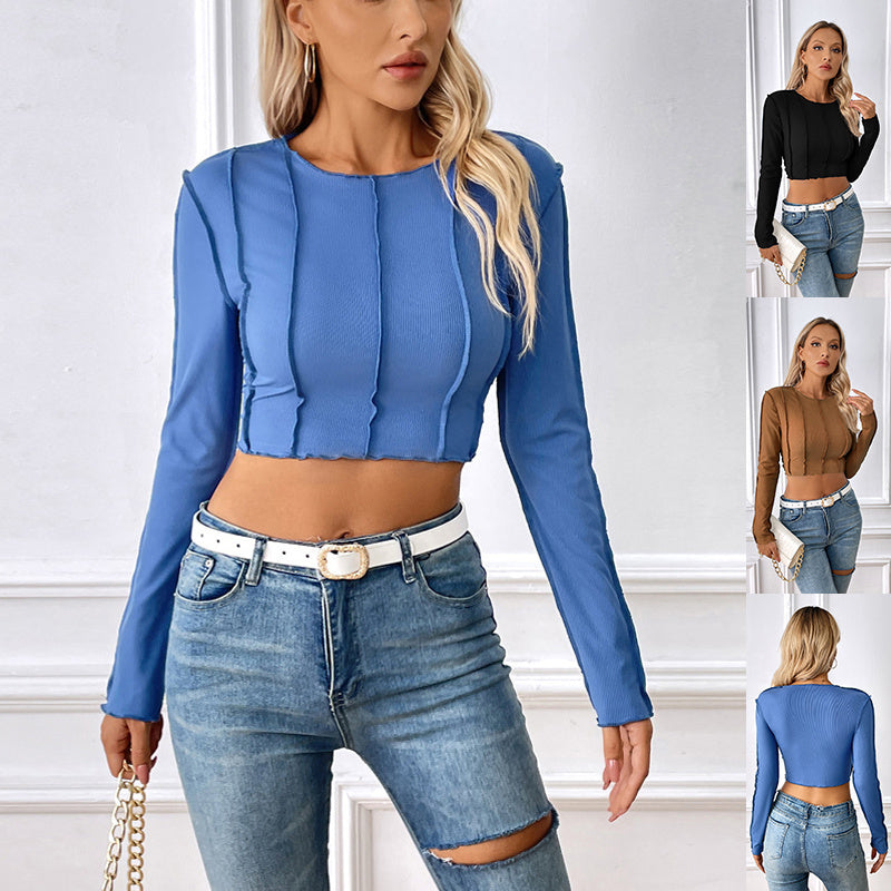 Nouveau t-shirt slim à manches longues avec coutures apparentes, style Y2k, crop top sexy, vêtements pour femmes