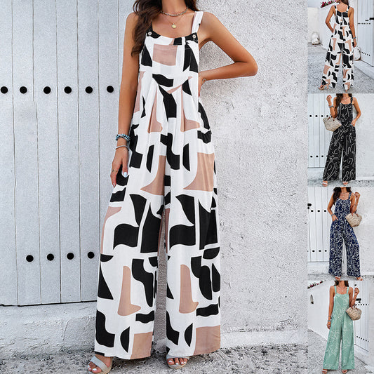 Akatonbo Fashion Print Square Neck Jumpsuit With Pockets Spring Summer Casual Loose Overalls Womens Clothing
