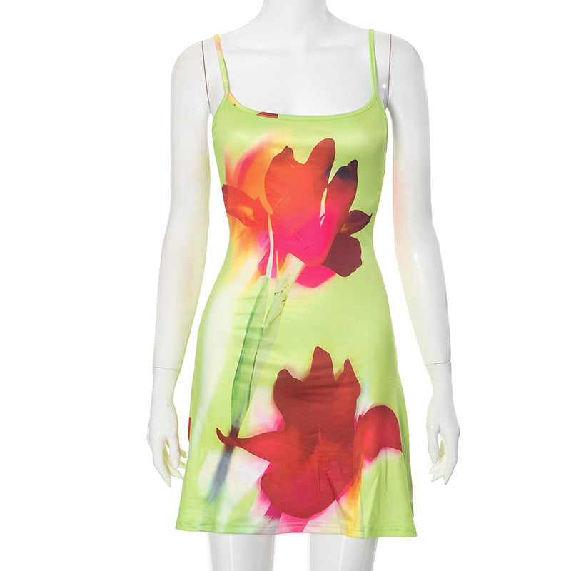 Summer Flowers Printed Suspender Dress Fashion Slim