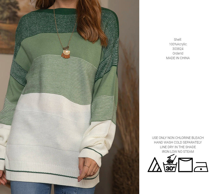 Women's Gradient Striped Color Matching Sweater Loose Green Sweater