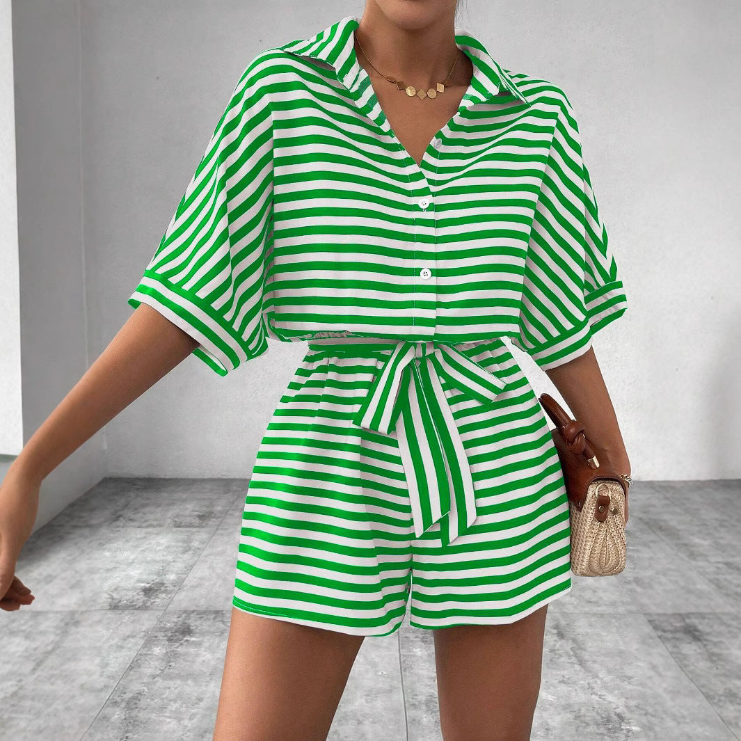 Striped Lapel Cardigan Button Half Sleeve Belt Shorts Suit Jumpsuit