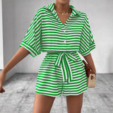 Striped Lapel Cardigan Button Half Sleeve Belt Shorts Suit Jumpsuit