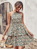Summer Printed Halter Dress Fashion Boho Backless Ruffled A-Line Beach Dress