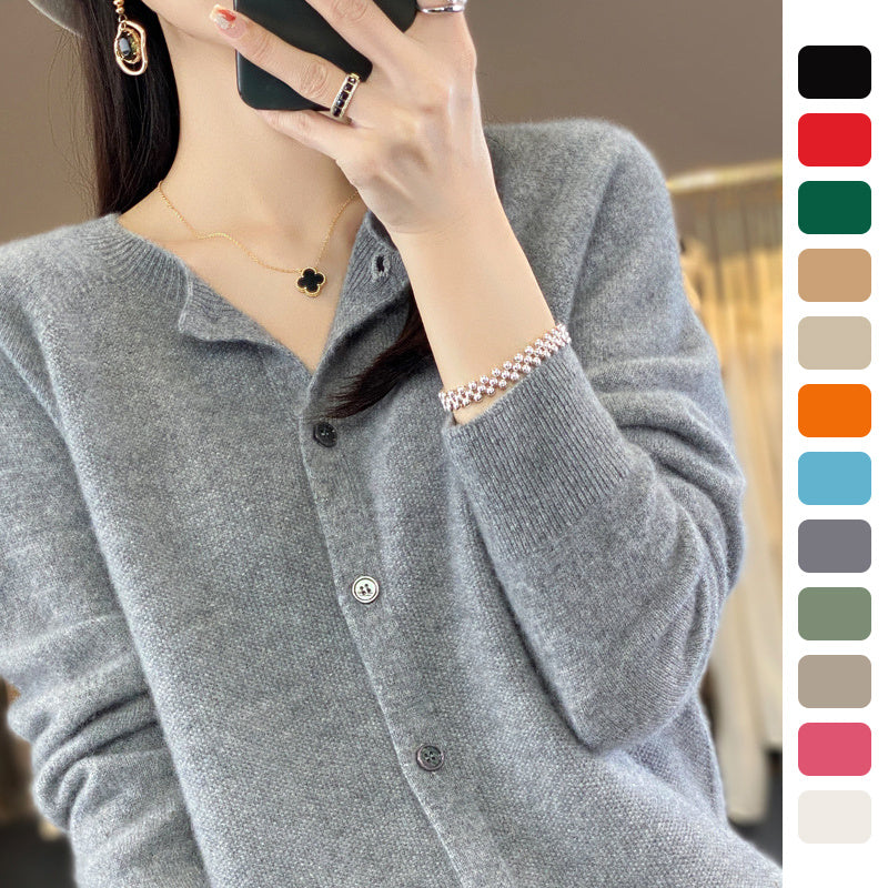 Cárdigan de cachemira para mujer, suéteres holgados con cuello redondo, top de moda, prendas de punto de lana merino, ropa de otoño e invierno para mujer