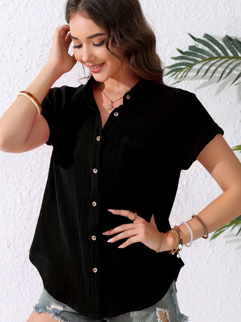 Women's V-Neck Blouse With Button Front Lightweight  Pockets Casual Short Sleeve Shirt Spring & Summer