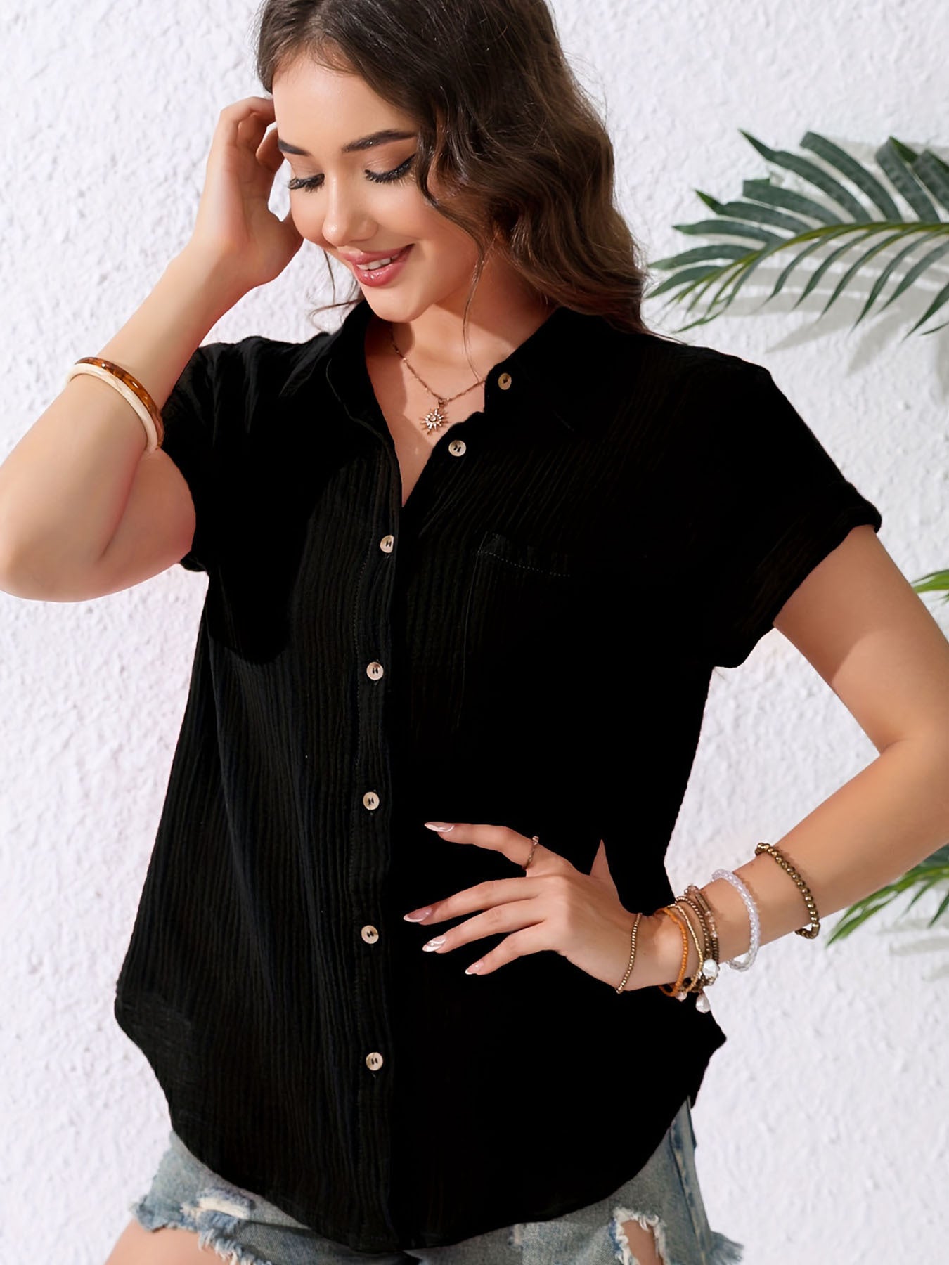 Blusa de mujer con cuello en V, botones delanteros, ligera, bolsillos, camisa informal de manga corta para primavera y verano