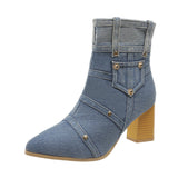 Denim Pointed Toe Chunky Heel Martin Boots Women