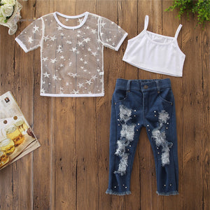 Kids Girls Short Sleeve Star T-shirt Tops Denim pants pearl Jeans 2PCS Clothing Set