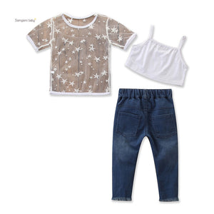 Kids Girls Short Sleeve Star T-shirt Tops Denim pants pearl Jeans 2PCS Clothing Set