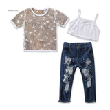 Kids Girls Short Sleeve Star T-shirt Tops Denim pants pearl Jeans 2PCS Clothing Set