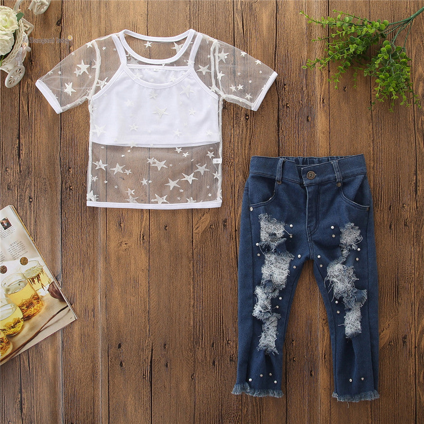 Kids Girls Short Sleeve Star T-shirt Tops Denim pants pearl Jeans 2PCS Clothing Set