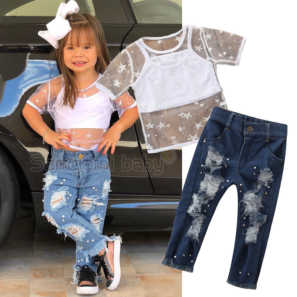 Kids Girls Short Sleeve Star T-shirt Tops Denim pants pearl Jeans 2PCS Clothing Set