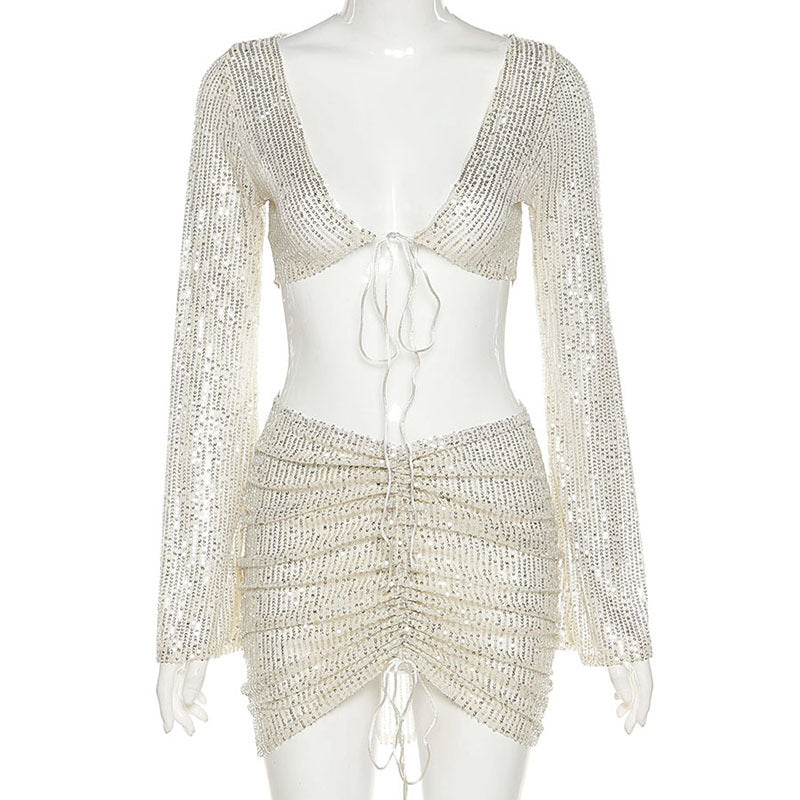 Akatonbo Summer New Style Women'S Sequins Bandage Cardigan High Waist Bag Hip Skirt Casual Suit Women