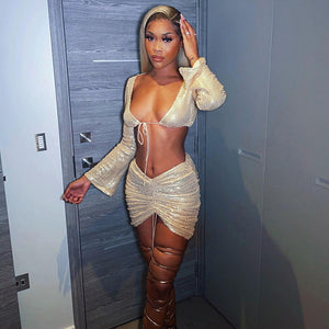 Summer New Style Women's Sequins Bandage Cardigan High Waist Bag Hip Skirt Casual Suit Women