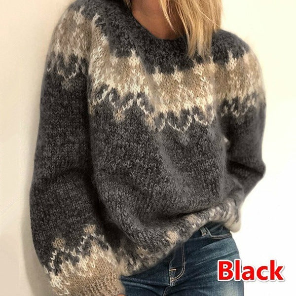 Jersey holgado jacquard informal, moda otoño e invierno, tops de punto estilo étnico, ropa de mujer