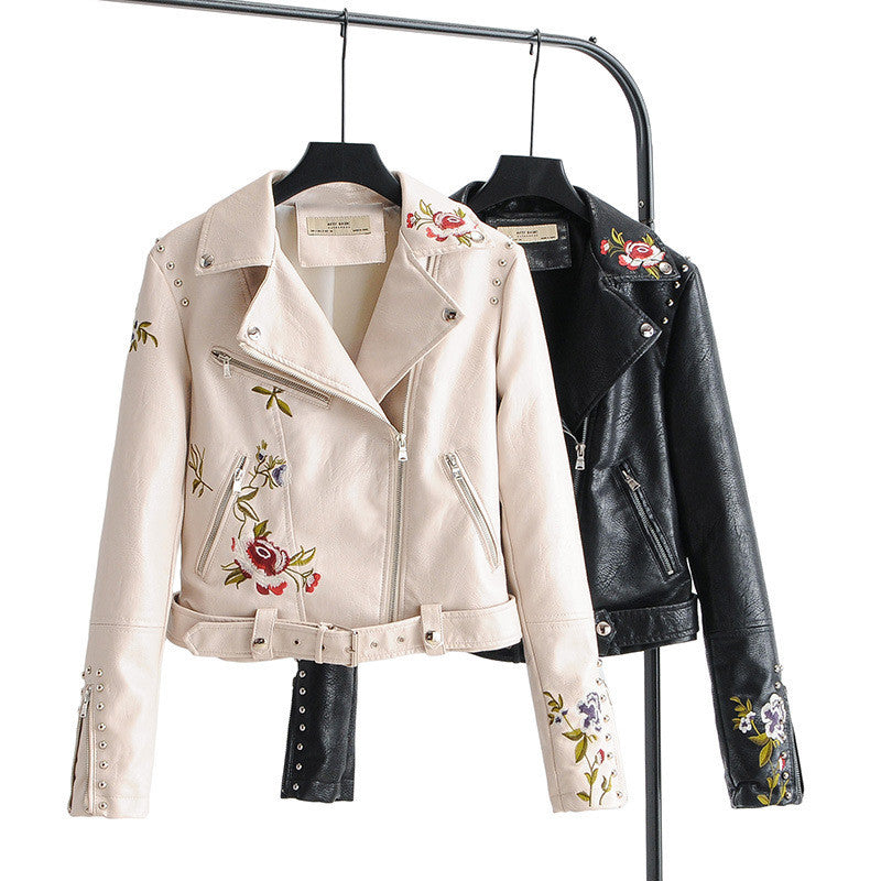 Embroidered PU Leather Jacket