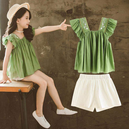 Girls Summer New Style Little Girl Fashionable Suit Children Western Style Short-Sleeved Children's Clothing Big Girl Two-Piece Trend