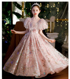 Girls' Dresses, Couture Little Girls, 10-Year-Old Princess Dress, Sequins, Host Catwalk Show, Piano Performance Clothing, Children