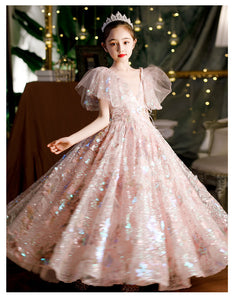 Girls' Dresses, Couture Little Girls, 10-Year-Old Princess Dress, Sequins, Host Catwalk Show, Piano Performance Clothing, Children