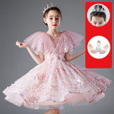 Girls' Dresses, Couture Little Girls, 10-Year-Old Princess Dress, Sequins, Host Catwalk Show, Piano Performance Clothing, Children