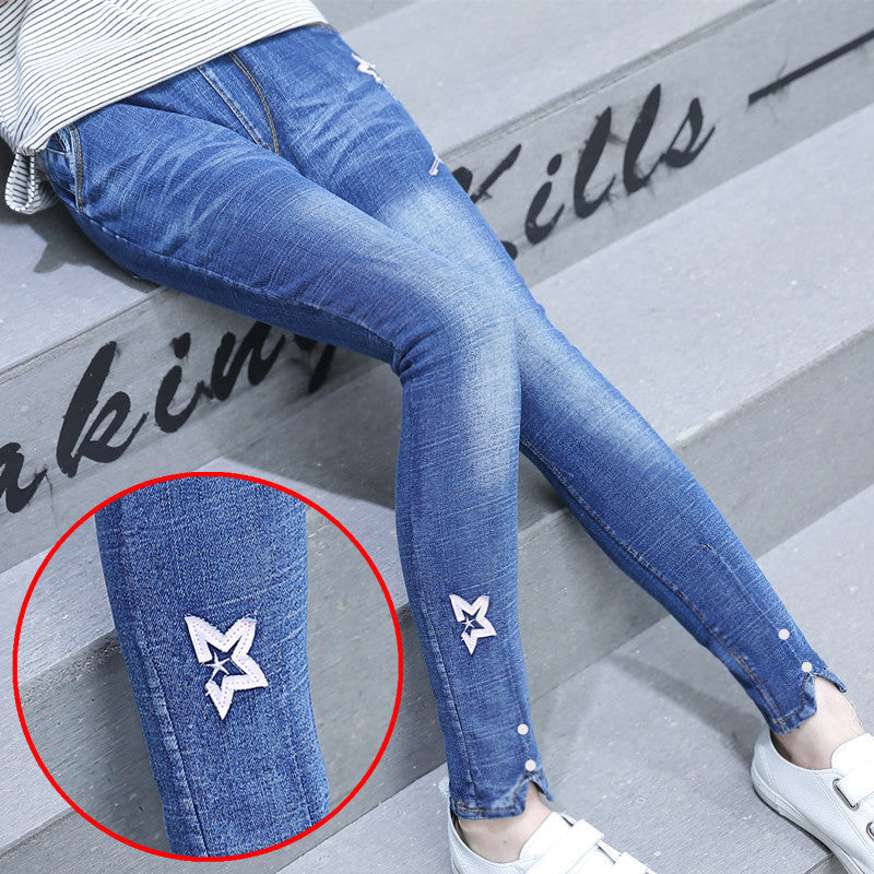 Clothing Girls" Spring New Fashion Five Pointed Star Skinny Jeans