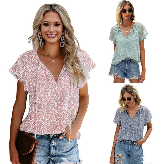 Akatonbo Printed Lotus Leaf Sleeves V Neck Floral Blouse With Short Sleeves