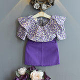 Little girls Fashion Flower Lotus Leaf Collar Shirt Skirt Little Clothing Suit set Purple Children's Clothing