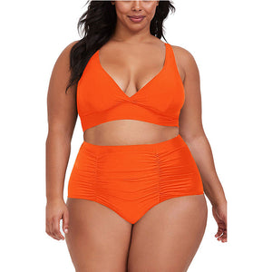 Plus Size V-neck high waist pleated swimwear two piece set