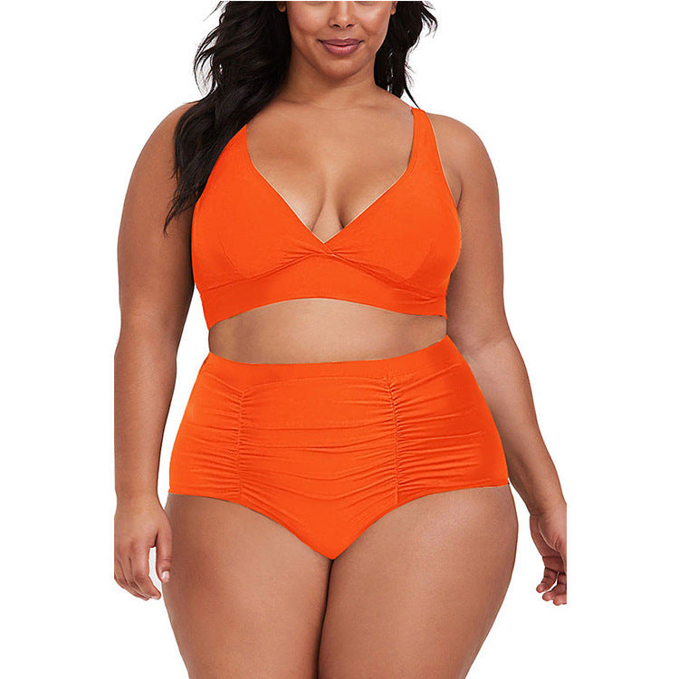 Plus Size V-neck high waist pleated swimwear two piece set