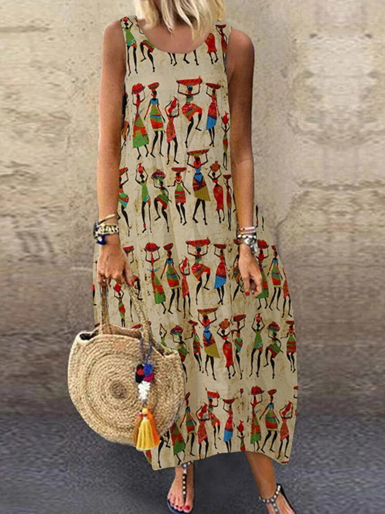 New European And American Literary Print Sleeveless Dress