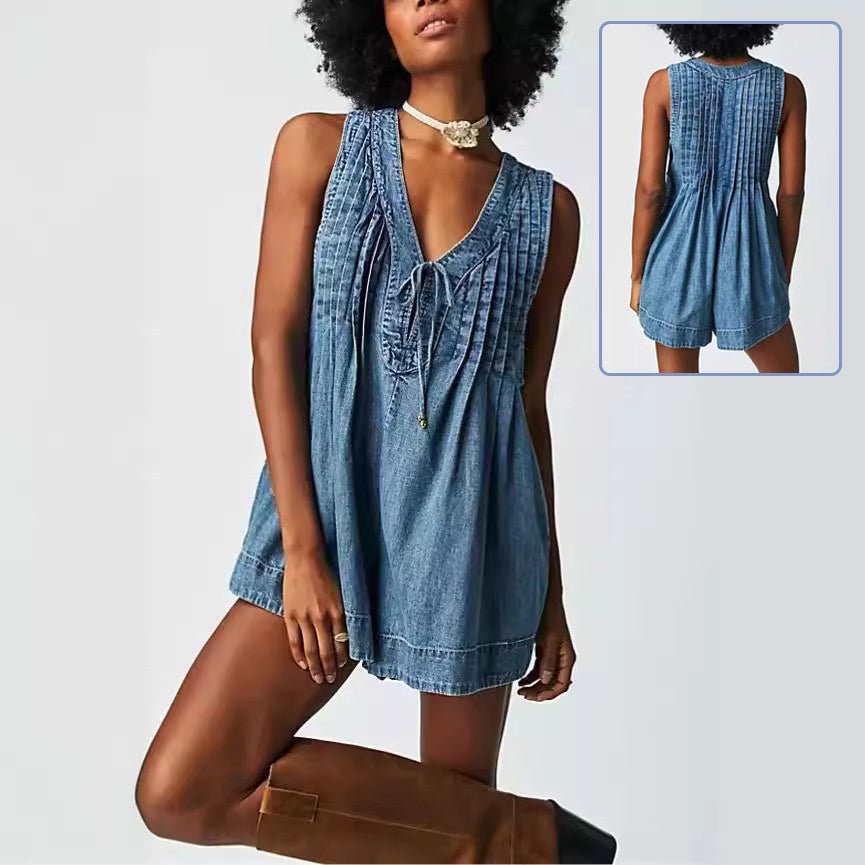 V-neck Sleeveless Denim Shorts Jumpsuit With Pockets