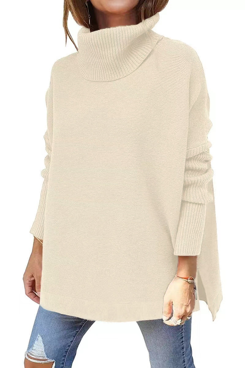 Chandail à Col Roulé Mi-long Manches Chauve-souris Fente Ourlet Tunique Pulls Hiver Hauts Vêtements Femme