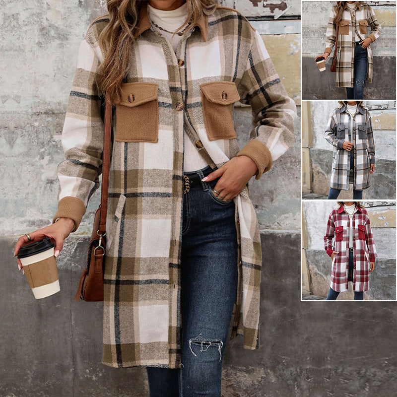 Nuevo abrigo largo a cuadros cepillado con bolsillos, chaqueta de invierno a la moda, ropa de abrigo para mujer