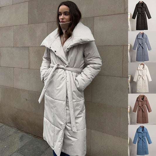 Abrigo largo de moda con solapa grande, chaqueta de algodón cálida de invierno con bolsillos y diseño de cordones, abrigo grueso informal de color liso para ropa de abrigo de mujer