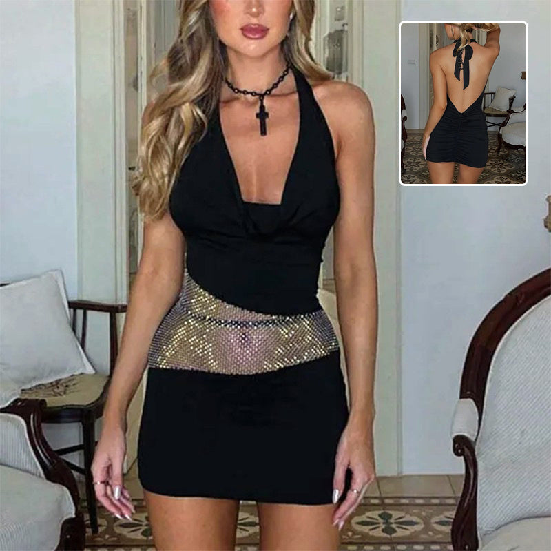 Vestido sexy ajustado con diseño de cuello en V pronunciado y retazos de malla con lentejuelas, moda Ins, vestidos cortos halter, ropa de mujer