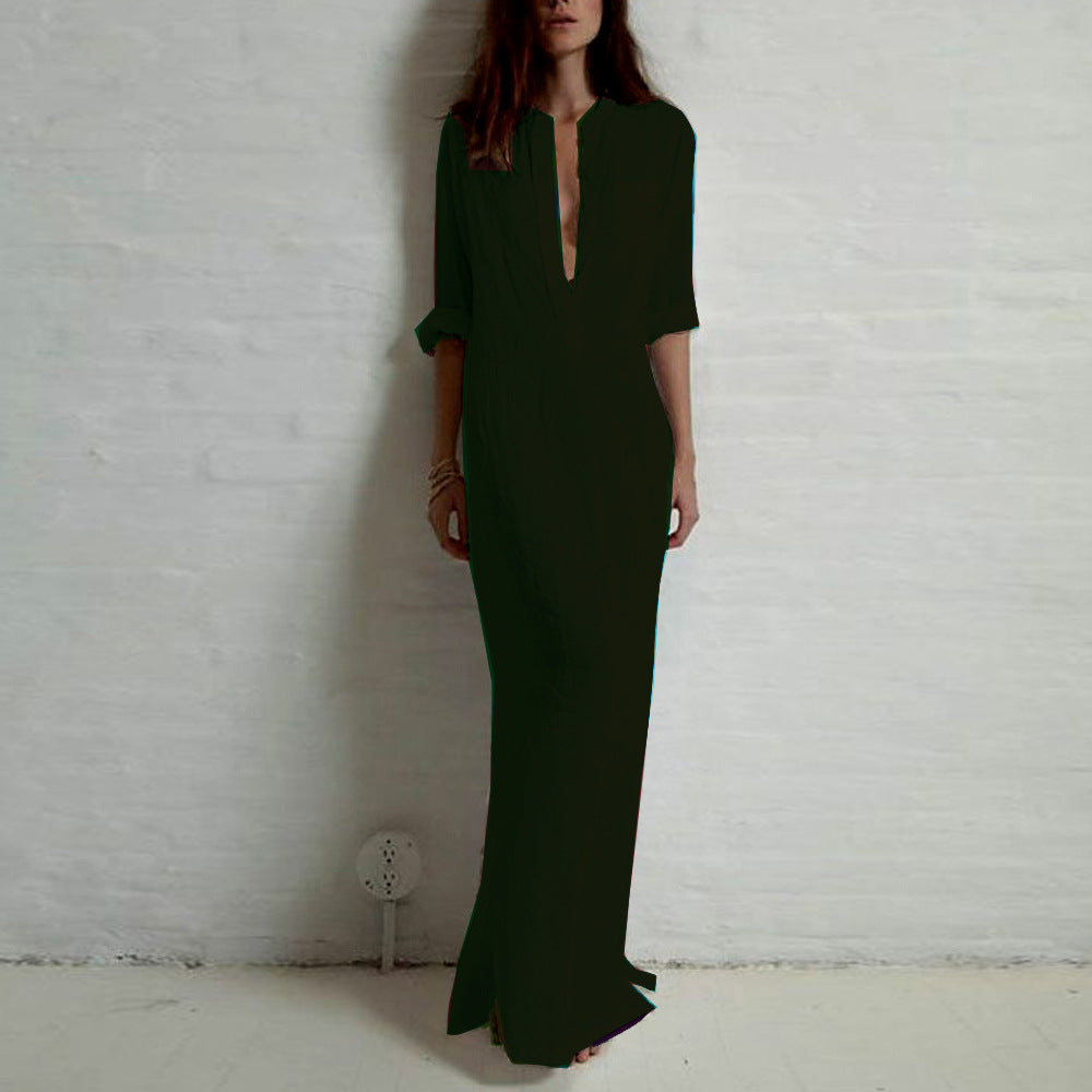 Akatonbo Shirt Dress Solid Color Long Sleeve Split Long Skirt