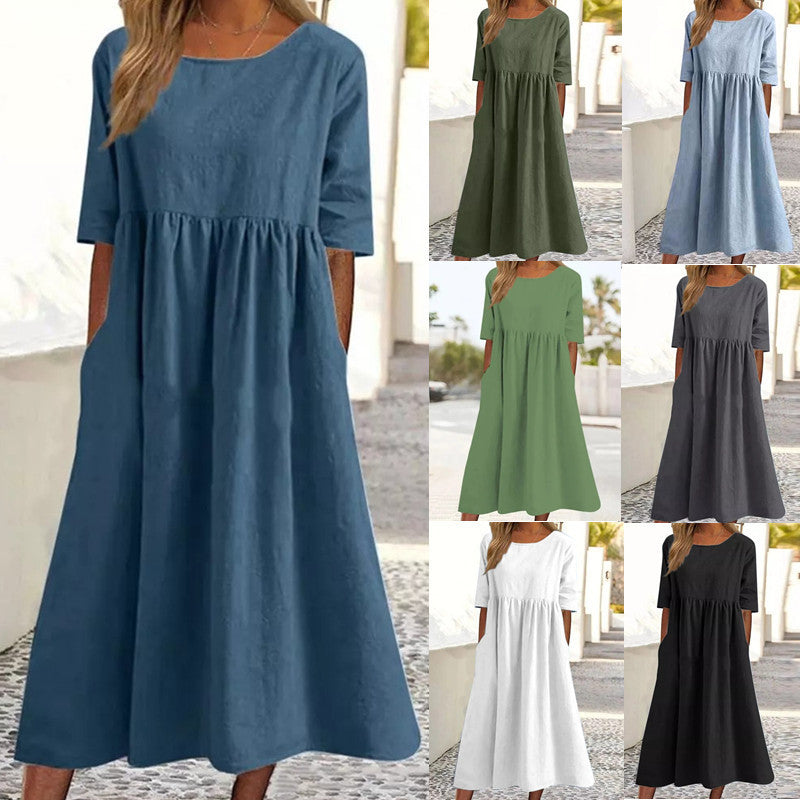 Robe décontractée en coton et lin à manches courtes et poches pour femmes