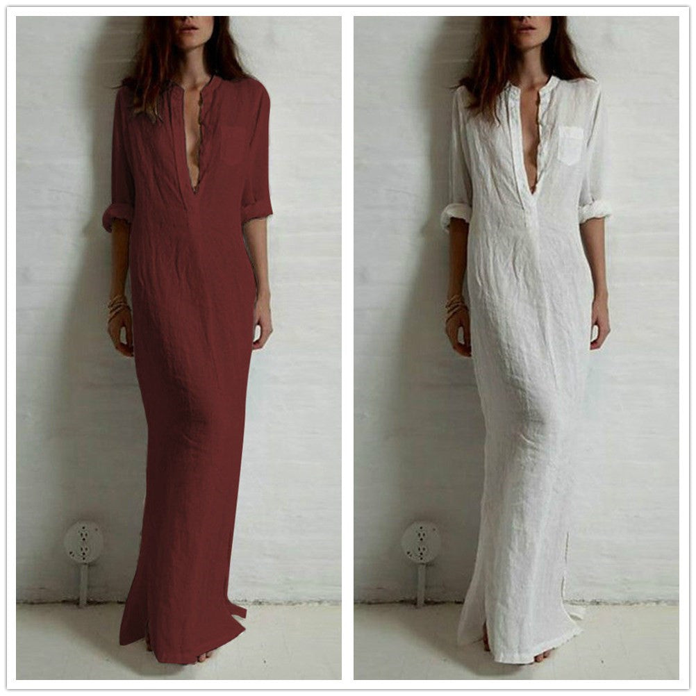 Akatonbo Shirt Dress Solid Color Long Sleeve Split Long Skirt