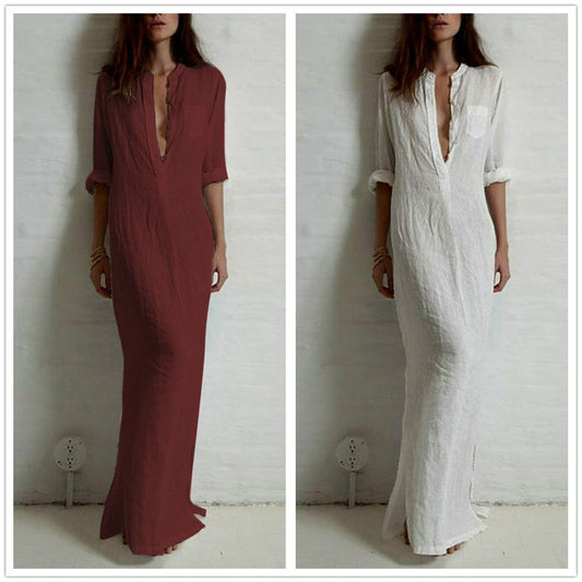 Akatonbo Shirt Dress Solid Color Long Sleeve Split Long Skirt